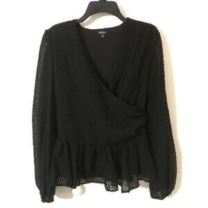 NWT Buffalo David Bitton Small Top Black Wrap Waist Ruffled Hem Sheer Sleeves